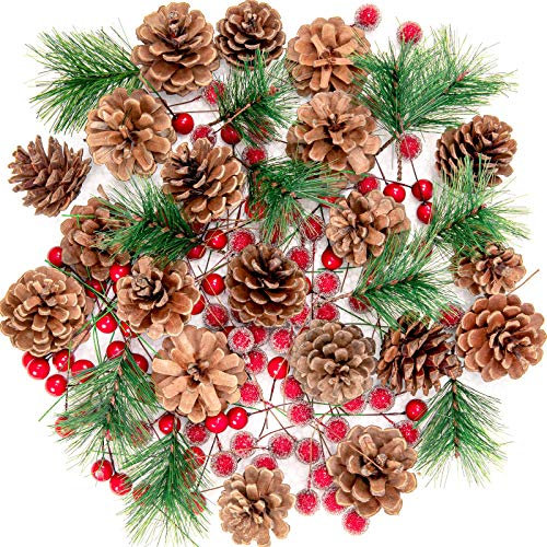 Whaline Juego de Bayas de Pino Artificial para decoración de Coronas de Navidad, Bayas de Acebo Rojas, Ramas de piñas Naturales para árbol de Navidad, Adorno para el hogar, otoño, Invierno, Fiesta de