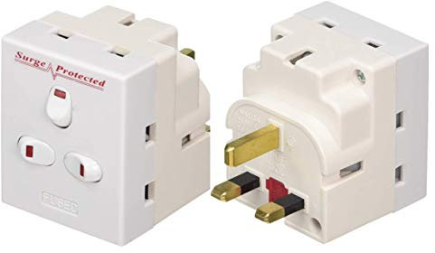 KAV 3 Way Plug Adaptor UK - Triple Plug Splitter Socket, Multi-Plug Switched Extension Block Socket Adapter, 3 Way Electric Surge Protected Cube Plug Adaptor