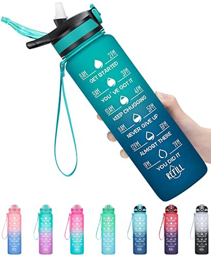 MEITAGIE Borraccia sportiva motivazionale a prova di perdite, con cannuccia e tacche orarie, con tappo ribaltabile, resistente, senza BPA, in Tritan, atossica, satinata, perfetta per ufficio, scuola,