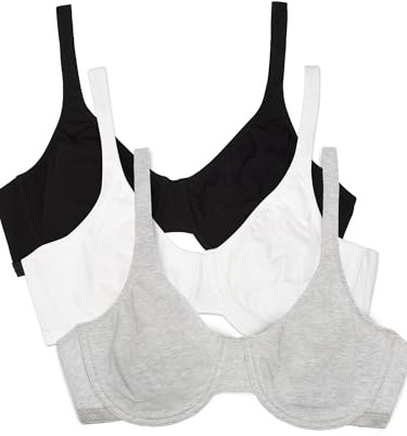 Fruit of the Loom Women's Unlined Underwire Bra-Cotton & Spandex Blend for Natural Shape and Flexibility T-Shirt, Opaque, Blk/White 86ck/ Grey Heather, 38C (Pack of 3)