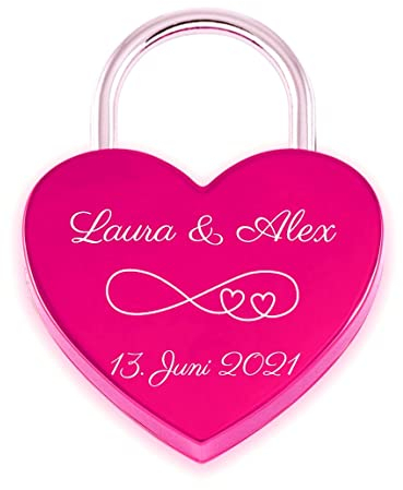 Liebesschloss24 Herzschloss Pink mit persönlicher Diamant-Gravur 1 Schlüssel Romantisches Geschenk