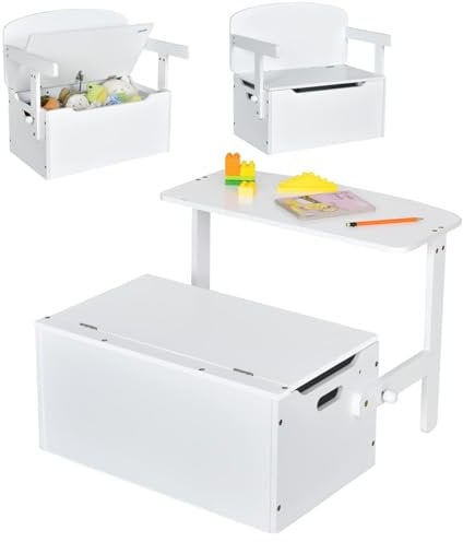 Maxmass 3 in 1 Toddler Table and Chair Set, Convertible Kids Bench Storage Chest with Safety Hinge, Wooden Toy Storage Box Children Toy Storage Organizer for Kids Room Playroom Daycare (White)