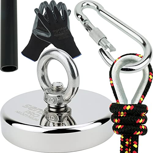 SENSEI Set 400 kg, N52 Neodym-Magnet mit Öse, Ø9 x H1,8 cm, Segelseil 25 m, Schutzhandschuhe + Zubehör, Set mit Ösenmagnet zum Magnetfischen im Wasser