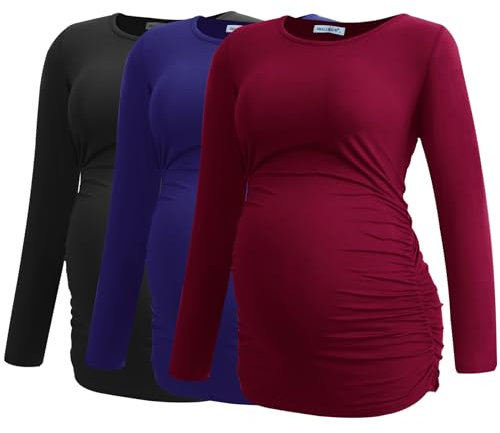Smallshow Women's Umstandsmode Lange ärmel Umstandsshirt Maternity Tops 3er Pack,Black-Navy-Wine,XL