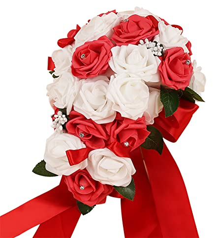 Uposao Kunstblume Künstliche Rosen Blumen,Blumenstrauss Brautstrauß Blumen Deko Gefälschte Rose Braut Bouquet Blume Strass Künstliche Hochzeitsstrauß Rosenstrauß Dekoration für Party Hochzeit,Rot