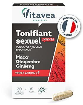 VITAVEA BIEN-ETRE Complément Alimentaire Tonifiant Sexuel Intense pour Homme - Performance, Vigueur, Endurance Sexuelle - Maca, Gingembre, Ginseng, 30 gélules - Cure de 15 jours - Fabriqué en France