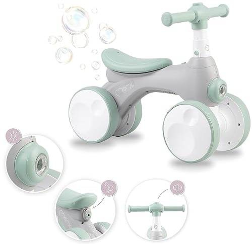 Momi Kinderlaufrad TOBIS für Mädchen und Jungen (max. Körpergewicht 20 kg), Lauf-Vierrad mit Hupe, Leuchte, pannensicheren Kunststoffrädern und Seifenblasen-Anlage Grau