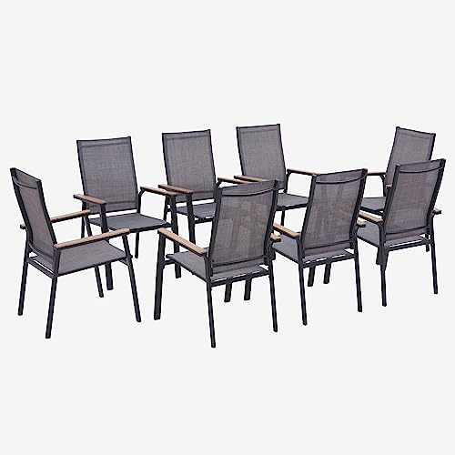 MFSTUDIO 8 PCS Aluminium Patio Dining Chairs Set,Textilene Outdoor Stackable Chairs with Wooden Armest for Garden, Poolside, Backyard,Grey