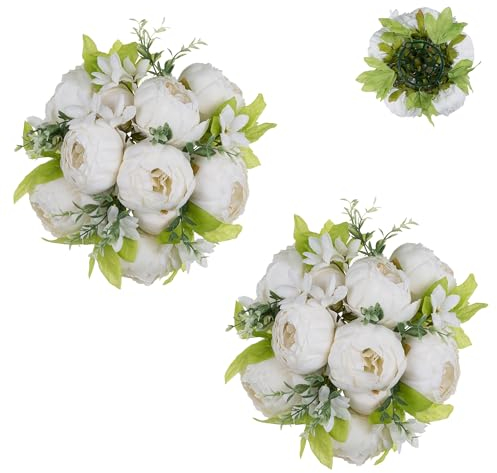 BLOSMON Kunstblumen Blumenstrauß Blumenkugeln Tischdeko Hochzeitsdeko 2 Stück Weiß Künstliche Pfingstrose Flower für Hochzeit Tisch Dekoration Blumen Künstlich für Wohnzimmer Geburtstag Party Deko