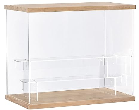 sourcing map Transparente Acryl-Vitrine mit LED-Licht, 2-stöckig, staubdicht, Schaukasten, zusammenbauen, Würfel, Display-Boxen, Ständer für Sammlerstücke, Actionfiguren (12,6 x 7,09 x 10,43) Holz