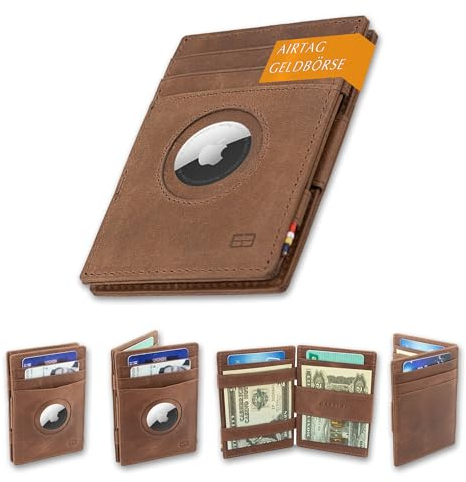 GARZINI AirTag Geldbeutel, Portmonee für Herren mit AirTag Hülle, Funktion der magischen Geldbörse, Geldbörse für Apple AirTag, Geschenk für Männer, Brushed Brown