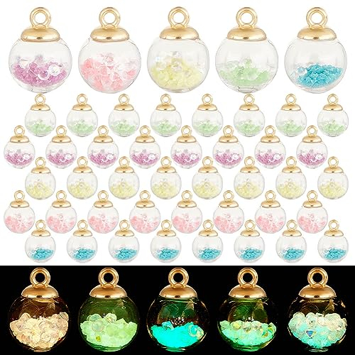 PH PandaHall 50 Stück Im Dunkeln Leuchtende Charms 5 Farben Glaskugel Anhänger 16 mm Leuchtende Glaskugel Anhänger Bunte Glas Charms Mit Goldenen Bügeln Für Halskette Armband Schmuckherstellung
