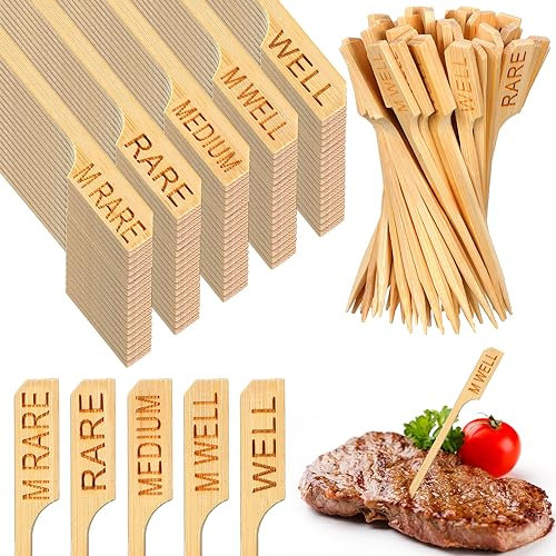 Soaoo 500 Pcs 3.5 Assorted Bamboo Wood Temperature Picks Steak Temperature Sticks Meat Doneness Steak Markers Bamboo Paddle Skewers Sticks for BBQ Barbecue Party Cocktail Fruit Grilling Roasting