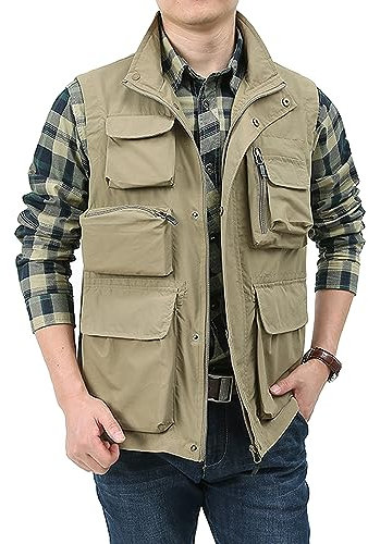 Sukany Men's Casual Lightweight Utility Vest Outdoor Fishing Safari Gilet Cargo Shooting Travel Waistcoat with Pockets Khaki S