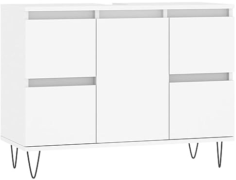vidaXL Bathroom Cabinet in White | Engineered Wood Storage Unit | Modern Style with Iron Feet | Featuring 1 Compartment and 4 Drawers