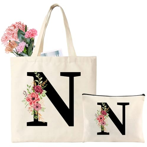 Tarklanda Initialen Baumwolltasche personalisiert Geschenke Frauen Einkaufstasche mit Buchstaben Tragetasche und Kosmetiktasche mit Buchstaben Geschenk für Frau Mama zum Geburtstag, Muttertag (N)