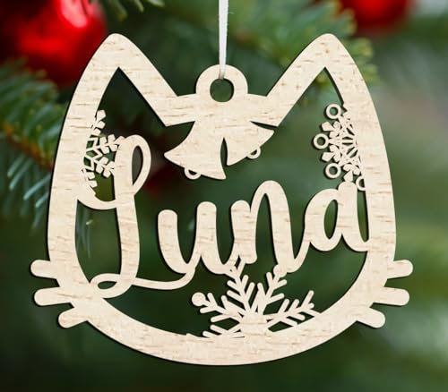 Personalisierte Weihnachtskugel mit Namen Hund, Katze, Tier oder Wunschtext Ø 10 cm Weihnachtskugeln Individuelle Weihnachtsdeko (Katze, Sperrholz)