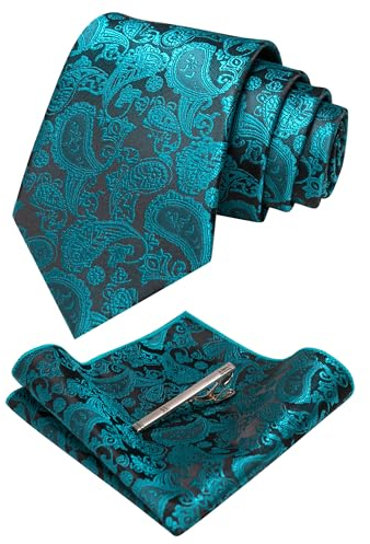 JEMYGINS pfauenblau krawatte Paisley Seide Herren Krawatten und Einstecktuch mit krawattenklammer Sets