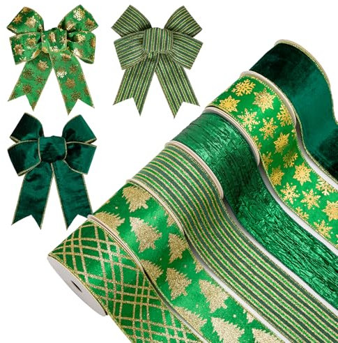Oairse 6 Rolls 6.3cm Velvet Christmas Ribbon 30 Yards Green Ribbons for Crafting Christmas Tree Ribbon with Metallic Wired for DIY Crafts Wreath Garland Big Bow Crafts Xmas Decorations