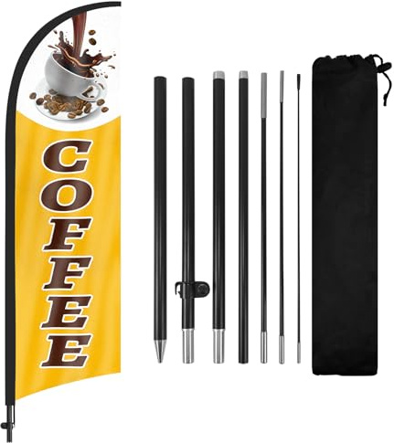 FSFLAG Kaffeefeder-Flagge mit Fahnenmast-Set und Erdspieß, 2,6 m, Kaffee-Pupusas, windlose Flagge, Banner, Schild, Geschäft für Außenwerbung (gelb)