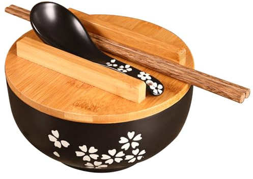 Hilai Bols de riz, bol de ramen Ensemble 1000 ml bol de ramen japonais en céramique à imprimé floral bols de nouilles avec couvercle, cuillère et baguettes micro-ondes pour lave-vaisse