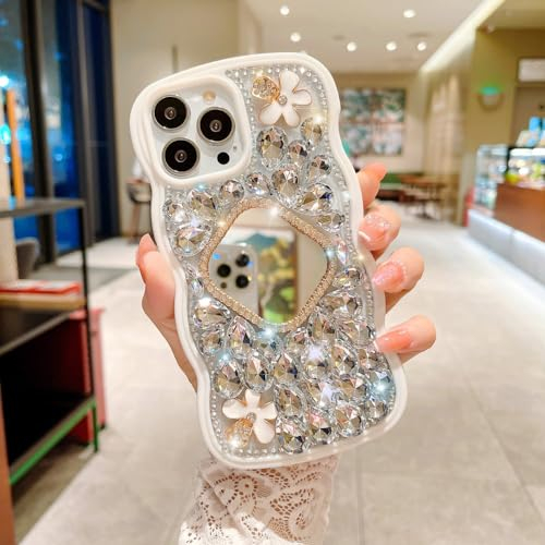 ADKOT Luxuriöse Handyhülle mit glitzernden Strasssteinen und gewelltem Rand für iPhone 14 13 12 11Pro Max 14Plus X XR XS Süße Blumen-Schminkspiegel-Abdeckung, Elfenbein, für iPhone 11 ProMax