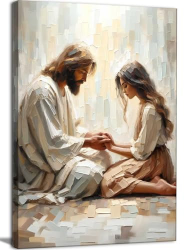 Christliche Leinwand-Wandkunst Jesus und Frau betend, Posterdruck, Gott, Bibelmalerei, Kunstwerk, Jesus heilt, Frau, Schlafzimmer, Kirche, Wanddekoration (weiß, 40,6 x 61 cm Leinwand)