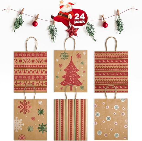 Switory 24 Stück Weihnachten Geschenktüten, 6 Stil Weihnachten kleine Papiertüten mit Griffen für Weihnachten Party Neujahr Geschenke -17×8×22cm