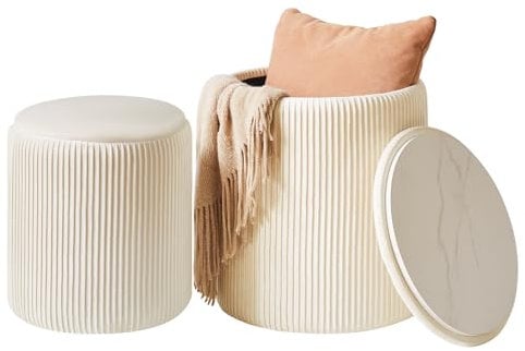 IBUYKE Set of 2 Round Ottoman with Storage, Velvet Vanity Stool for Makeup, Modern Padded Seat Coffee Table, Multipurpose Footrest Stool for Living Room & Bedroom, White WBD005W
