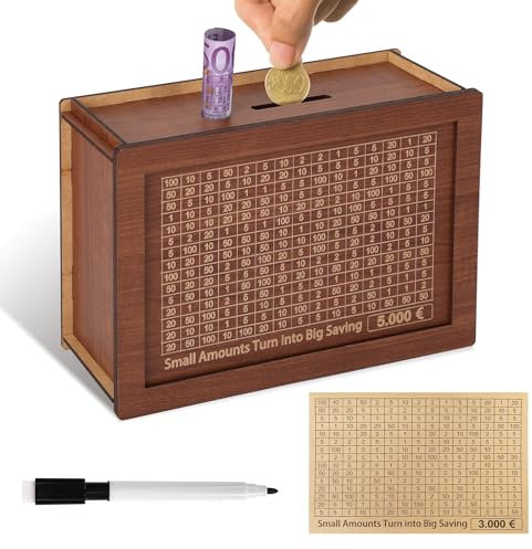 YISH Retro Spardose 5000€:mit Sparziel und Zahlen Ankreuzen, Abnehmbare Wiederverwendbare Sparbox mit Marker, Mit 3000€ Folie für Spardose