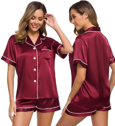 SWOMOG Pyjamas for Women Silk Satin Pyjama Bride Pjs Set Two Piece Pj Sets Button Down Sleepwear Loungewear