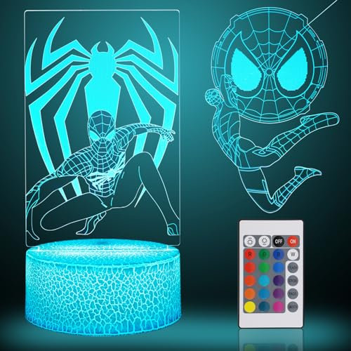 AOUGO 3D Nachtlicht Spiderman - Superhelden Spielzeug 2 Muster Schlafzimmer Zubehör, Touch Nachttischlampe, 16 Licht Farbwechsel, Dimmbar, Weihnachten Geburtstag Geschenk für Jungen Mädchen (Weiß)