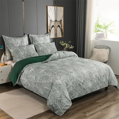 Gezu Housse de Couette 220x240cm Vert Motif Feuilles Tropicales Parure de Lit 2 Personnes Sets de Microfibre Très Doux Literie Tropicale avec 2 Taies d'oreiller 65x65cm et Fermeture Eclair