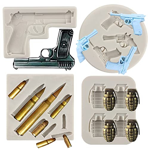 MYPRACS Gun Silicone Moulds Pistol Fondant Mould Bullet Silicone Moulds for Cake Decorating Cupcake Topper Chocolate Gum Paste Set of 4