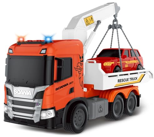 Cheerful Toys Depanneuse Jouet - Scania 25cm Camion de dépannage avec Véhicule, Lumière et Son, Transporteur Voiture pour Enfants Garçons 3 4 5 6 Ans
