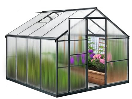 Euboer Serre en aluminium avec base de 242 x 238 cm - Plaques de 4 mm - Grande serre de jardin - Résistante à l'hiver - 8,49 m³ - Gris