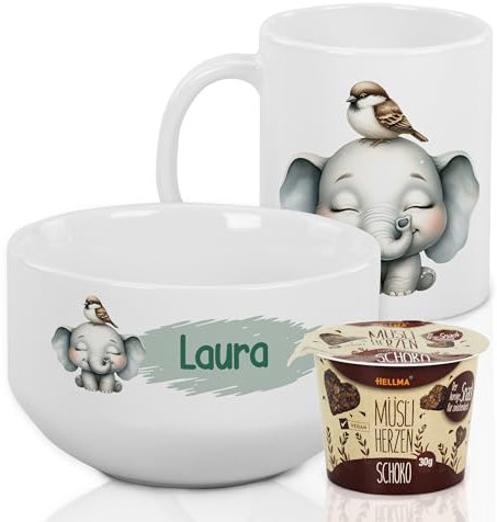 GRAZDesign Frühstückset Tasse mit Müslischale personalisiert für Kinder Elefant Motiv aus Keramik - Geschenkset