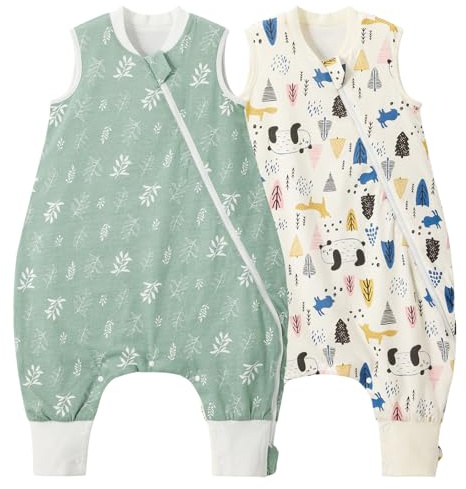 Duomiaomiao Baby Schlafsack mit Füßen,2er Pack 1.0 Tog Kinder Ganzjahres Frühling Schlafsack,100% Baumwolle Schlafsack Baby, Jungen Schlafdecke mit Beinen(65CM/Blatt+Panda)