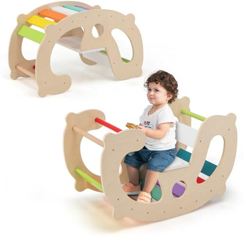COSTWAY 2 in 1 Arco da Arrampicata per Bambini, Arrampicata ad Arco con Dondolo Schienale e Sedile, Cavallo a Dondolo in Legno per Bambini 1 Anni +