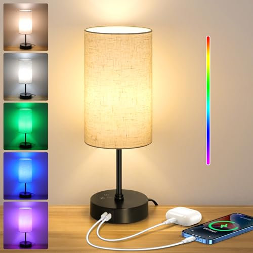 Befurglor Bedside Lamps, Dimmable 3 CCT & RGB 7 Colors Table Lamp with USB A+C Charging Ports, Touch Control Desk Lamp for Bedroom Living Room Office (Linen Fabric Shade)