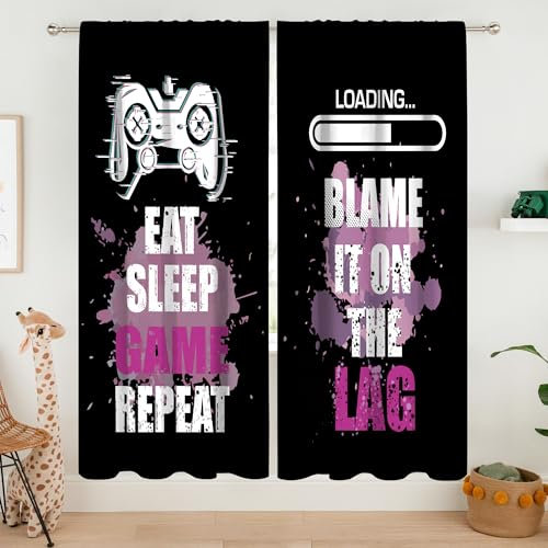 MESHELLY Boys Gamer Curtains 42W x 63H Inch Rod Pocket Purple Pink Curtains Gaming Room Decor for Teens Video Game Quotes Curtains Men Kids Cool Living Room Bedroom Playroom Window Drapes 2 Panels