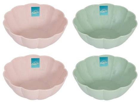 YöL Set of 4 Floral Edged Plastic Bowls Summer Dining Outdoor Picnic BBQ Blush Pink Sage Green Dessert Snacks Dips Cereal
