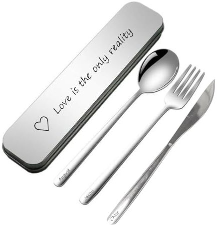 Camping Utensil Set with Text Reusable Flatware Camping Utensil Set Custom Portable Cutlery Set with Name Gifts for Outdoor Travel Picnic Office School Lunch Box (Silver - Stainless Steel)