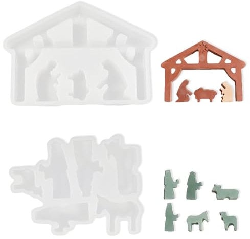 Silikon Giessformen, Silikon Gießform Krippe, Krippenfiguren Silikonform, Krippe Gießform, Giessformen Silikon für Weihnachten DIY Handwerk, Kerzen, Gips, 2 Stück