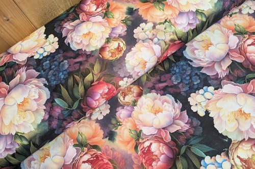 Halbpanama Stoff Meterware Sommer - robuster Taschenstoff bedruckt - schwerer Baumwollstoff Blumen - stabiler Dekostoff Pflanzen - BW Panama *Ab 50cm, Farbe: 029 Rosen schwarz