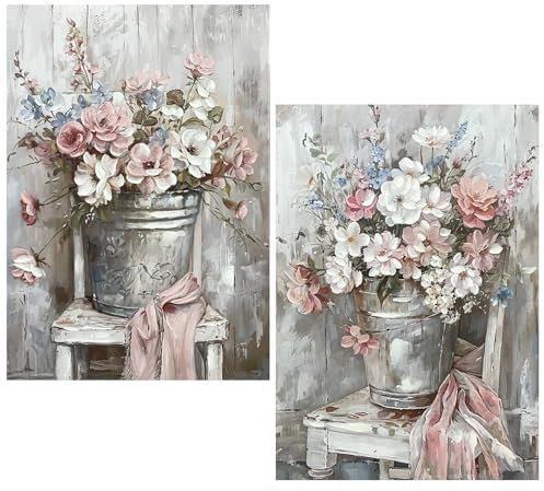 DRW Quadro su Tela di Un cubo con Fiori Dipinti a Mano in Bianco. Rosa e Verde 70 x 3 x 100 cm, Medidas: 70x3x100cm