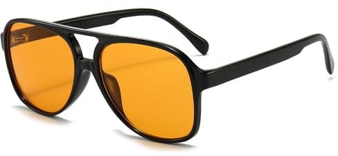Long Keeper Retro 70s Polarised Pilot Sunglasses for Women Men Oversized Double Bridge Aviation Sunglasses Large Frame Vintage Shades UV400 Protection (Black Frame Yellow Lens)