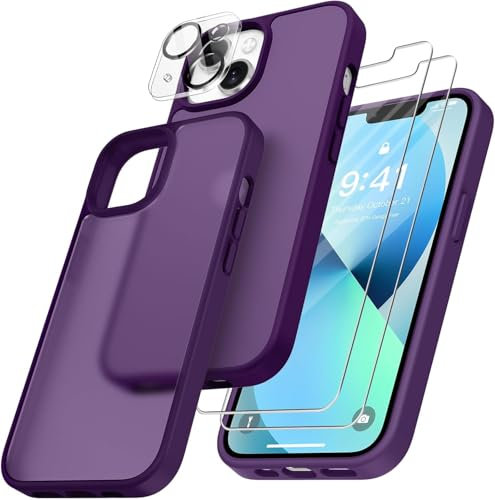 FLLAO 4 in 1 Cover per iPhone 13 Custodia con 2 Pellicola Vetro Temperato e 1 Fotocamera Protettiva, [Cuscino d'aria integrato] Morbido TPU Bumper Protection Cover iPhone 13, Viola Scuro