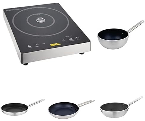 Buffalo Touch Control Induction Cooking Set - Single Induction Hob (3kW) with Non-Stick Induction Flared Sauté Pan 20cm & 24cm, Non-Stick Teflon Induction Frying Pan 20cm & 24cm