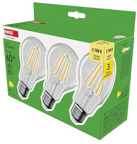 EMOS - LED Lampe Edison A60 3er Pack, 5,9W Ersatz für 60W Glühbirne - klare Vintage-Glühlampe mit E27 Sockel, Helligkeit 806 lm, Warmweiß 2700 K - 25000 h Lebensdauer - 360° Abstrahlwinkel